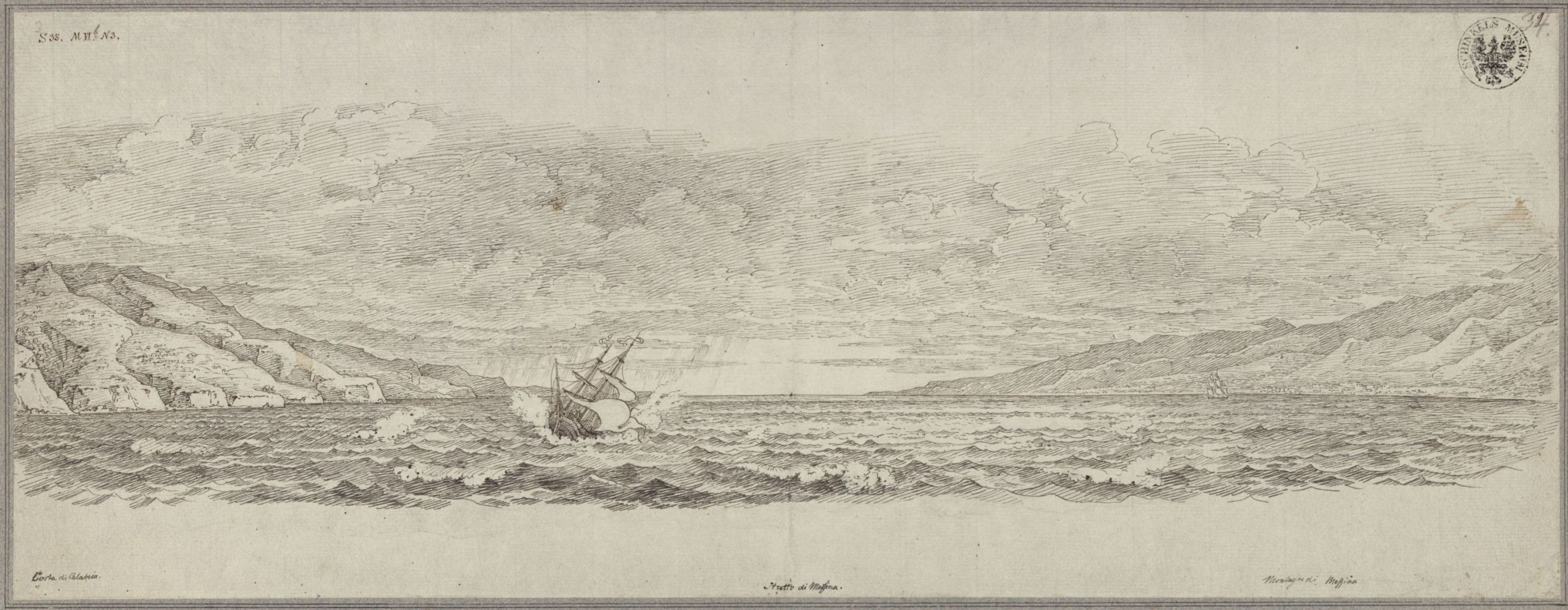 Strait of Messina, Scylla and Charybdis. Drawing by Karl Friedrich Schinkel